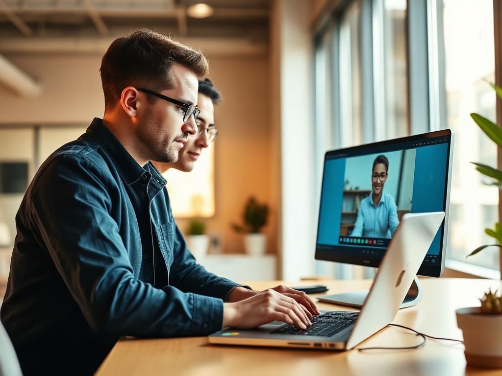Two colleagues reviewing work together on a video call