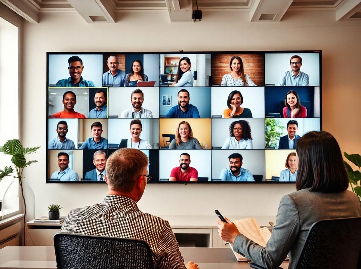 Distributed team meeting on a large video conference screen